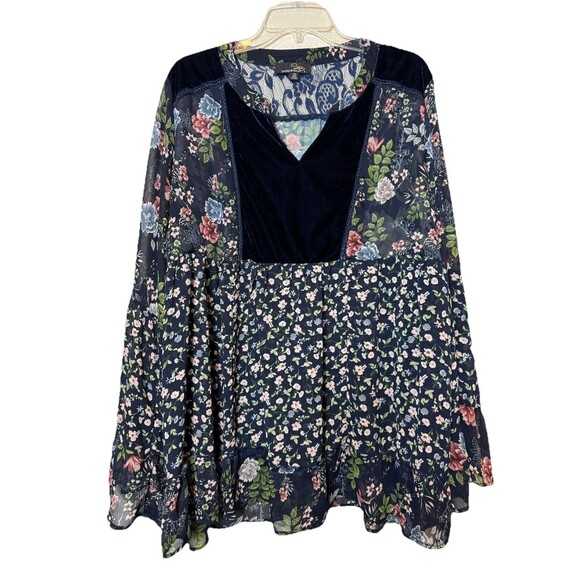 Suzanne Betro Tops - Suzanne Betro Plus Size Weekend Blue Floral Chiffon Lace Velour Boho Blouse 3X